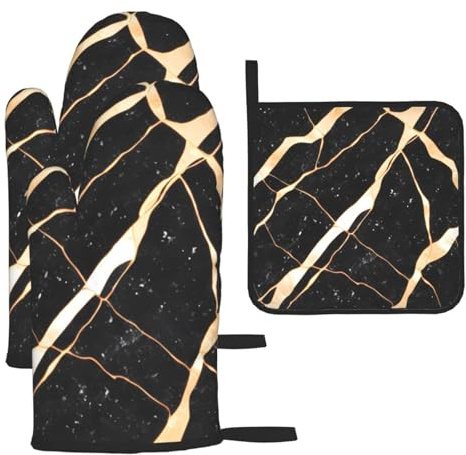 YYHHAOFA Kitchen Baking Set of 3 - Durable Waterproof Oven Mitts and Pot Holder Set for Anti-Scalding and Heat Insulation Black Rose Gold Marble Stamp