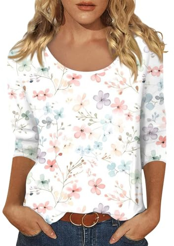 Tshirt Damen 3/4 Arm Sommer U-Ausschnitt Stretch T-Shirts Herbstmode | Sport Overzised 3/4 Ärmel Einfarbige/Blumenmuster T-Shirt Klassische Blusen für Alltag Büro Freizeit