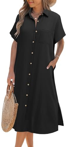 Zeagoo Vestido de Verano Mujeres Negro Blusa-Vestido Larga con Botones Manga Corta Playa Blusa con Bolsillos Playa Cover Up Negro S