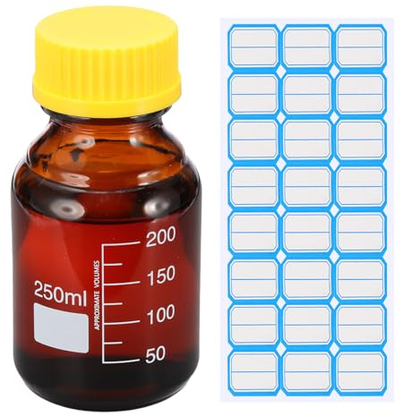 PATIKIL Bouteilles de stockage de médias rondes, 250 ml Bouteilles rondes graduées en verre épaissi avec bouchon à vis jaune GL45 pour liquides de réactif d'eau de laboratoire, brun