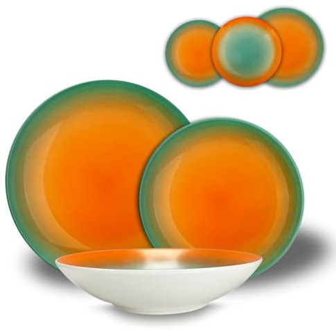 ARCA, Set 18 Piatti Coordinati in Porcellana Decorata, Servizio per 6 Persone, con Piatti Fondi, Piani e da Dessert, Lavabili in Lavastoviglie, Collezione Tavola a Colori, Colore Arancione