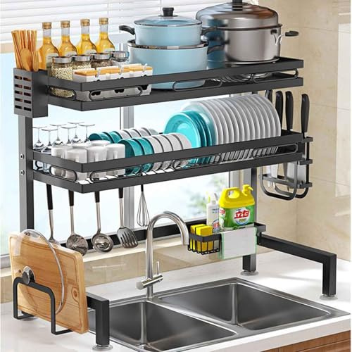 Dish Drying Rack, 2-Tier Over Sink Dish Drainer, Expandable Large Dish Rack for Kitchen, Utensil & Cutlery Holder, Cutting Board Stand, Space-Saving Kitchen Organizer, BlackBlack,85 * 24 * 82cm