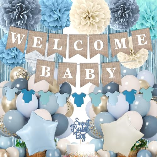 Dusty Blue Baby Shower Decorations- Boy Baby Shower Decor Set with- Welcome Baby Banner, Clothes Banner, Cake Topper, Tissue Pom Poms, Dusty Blue Balloons | Boho Baby Boy Shower Decorations