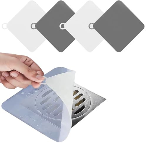 Huybaa 4 Pezzi Tappo Doccia Antiodore in PVC, Copri Scarico Doccia 15x15cm, Tappo per Scarico in Silicone Antiodor per Bagno, Cucina e Lavanderia (Grigio + Bianco)