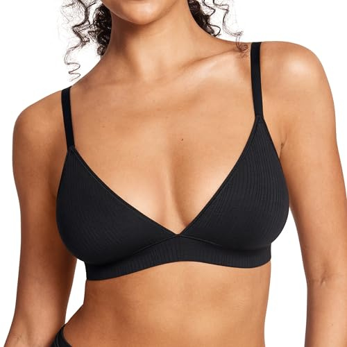 SOULVOR Women's Natrelax Triangle Bralette No Underwire Plunge Unlined Ribbed Soft Wireless Bra V Neck Sexy Everyday Black Large