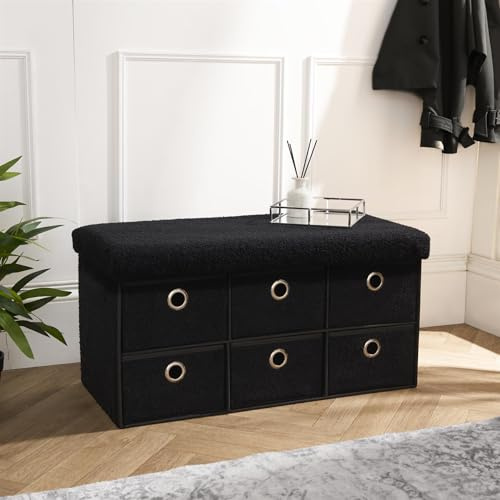 OHS Boucle 6 Cube Storage Unit Organizer, Soft Fleece Cube Drawer Storage Chest of Drawers with Metal Handle Fabric Storage Boxes Closet Organizer for Bedroom Living Room, Black