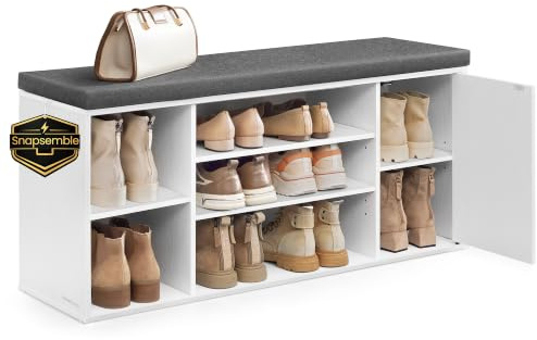 SONGMICS HOME Banc à Chaussures, Assemblage Ultra-Rapide sans Outils Toolless, Meuble d’Entrée avec Rangement, Compartiments Ouverts, Étagères Réglables, Blanc Neige et Gris Ardoise LHS391WE01