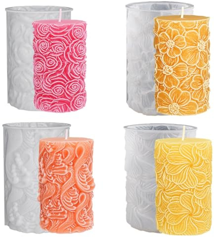 4 Stück Zylinderförmig Kerzenformen Silikon Blumenmuster, Kerzen formen zum Gießen Silikon-Kerzenform Blumen 3D, DIY Silikonform Kerzengießform für Aromatherapie Kerzen Handarbeit