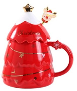 Huiyiwert Tasse de Noël amusante 3D en forme d'arbre de Noël avec couvercle et cuillère mélangeuse - 400 ml - Cadeau pour fille, grand-mère, femme, homme, petite amie (rouge)