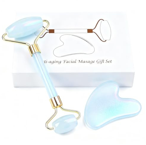 Werncy Jade roller and gua sha, facial roller, women's skincare tool, self-care gift, face, eye, neck massager, relieves fine lines and wrinkles, aventurine, opal, rose quartz