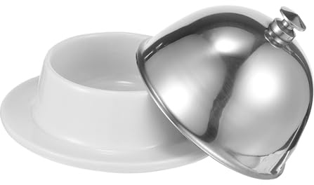 Beurrier avec Couvercle en Céramique Argenté, Baratte A Beurre | Contenant Alimentaire Multifonction, Assiette de Condiments Sauce Soja, Couvercle Acier Inoxydable