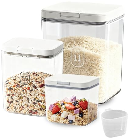 KATLKIU Contenitori per Riso Set Grande 3 Pezzi (11L + 5,5L + 1,2L) – Contenitori Ermetici BPA Free con Misurino, Ideali per Riso, Cereali e Pasta – Per Famiglie e Dispensa Cucina