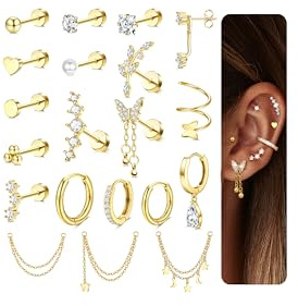 Adramata 20Pcs Helix Piercings Chirurgenstahl Piercing Ohr Hypoallergen Ohrstecker Set Knorpel Ohrringe Damen Klein Ohrringe Creolen Gold Silber Conch Helix Tragus Piercing Schmuck