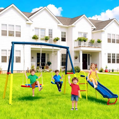 Orgibim Swing Sets for Backyard with Slide 440lbs Heavy-Duty Metal A-Frame Outdoor Kids Playset with 1 Saucer Swing 1 Belt Swing