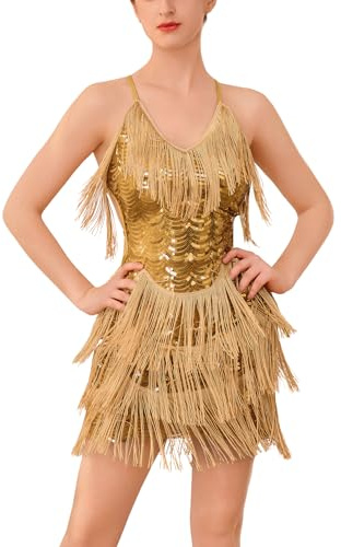 EFOGEP Latin-Kleid für Damen mit Pailletten Flapper-Tanzkostüm | Kleid mit Schnürung, rückenfrei und glitzernden Quasten für Cocktail-, Ballroom-, Salsa- und Jazz-Auftritte