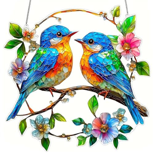 Acryl Fensterdeko Frühling Hängend, Rotkehlchen und Blumen Sonnenfänger Fenster, Fensterschmuck Hängend Ganzjährig, Vogel Deko Fenster Modern, für Wohnzimmer Garten Fensterscheibe Terrasse Wanddeko