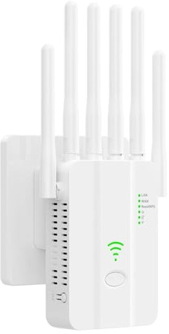 Amplificatore WiFi 300 Mbps per Casa, Ripetitore Segnale WiFi 2.4GHz con 6 Antenne ad Alto Guadagno, Porta LAN Gigabit, Modalità Router/AP, WPS, per Streaming Gaming Online Senza Interruzioni