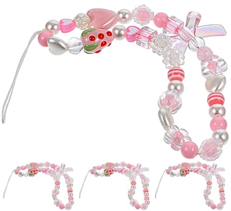 PHENOFICE 4 Piezas Colgantes para Teléfono con Cuentas Coloridas, Correa de Muñeca Corta con Dije de Fresa y Corazón, Pulsera para Teléfono Móvil de Moda, Soporte Seguro para Smartphone en