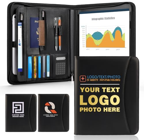 ENOMY Personalisierte Konferenzmappe A4 Leder mit Reißverschluss, Dokumentenmappe Schreibmappe Organizer, Custom Portfolio Mappe mit Logo Bild, Business Mappe für Bewerbung, Meeting, Büro, Schwarz