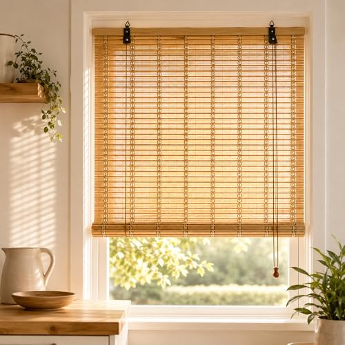 Made to Measure Bamboo Blinds for Windows, Natural Bamboo Roller Blind, Light Filtering Privacy Shade, Custom Size Drill Fit Blind for Kitchen Living Room Bedroom, Inside or Outside Mount