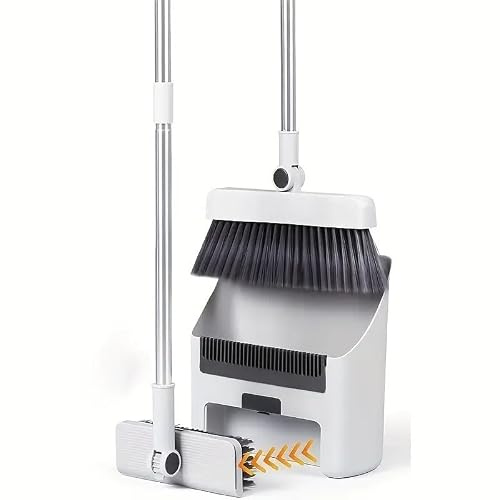 3-in-1 Besen mit Kehrschaufel Set mit Stiel, Kehrset mit PET-Borsten und Rostfreiem Griff, Bodenkehrset für Küche, Wohnung, Büro, Garage und Haushalt