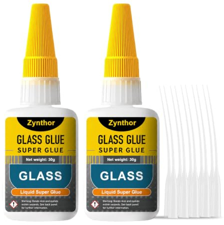 Zynthor Glass Glue 60g(2 x 30g), Extra Strong Super Glue for Glass | Clear Waterproof Adhesive with Anti-Clog Cap and 10 Precision Tips for Glass, Acrylic, Mirrors, Jewellery, Crystal and Crafts