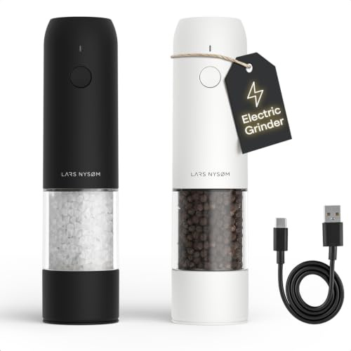 LARS NYSØM Molinillo de Sal y Pimienta Eléctrico Set de 2, Recargable USB-C, Molinillo Automático con Molienda Ajustable, Mecanismo Cerámico, Luz LED, Rellenable (Black/White)