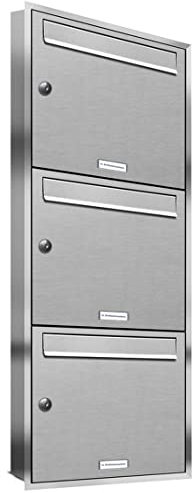 AL Briefkastensysteme, 3er Unterputzbriefkasten, Briefkasten rostfrei, 3 Fach Briefkastenanlage modern, Edelstahl Postkasten