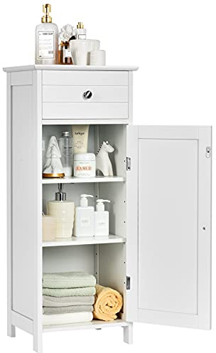 COSTWAY Badezimmerschrank schmal, freistehender Badschrank mit Schublade & verstellbaren Regale, Badkommode Beistellschrank aus Holz für Schlafzimmer Wohnzimmer, 35 x 30 x 88cm (Weiß)