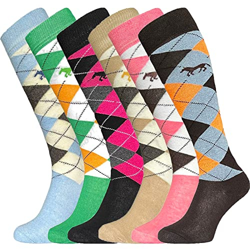 6 Pair Womens/Girls Knee High Equestrian Argyle Diamond Cotton Rich Horse Riding Socks UK Size 4-7, EUR 35-41