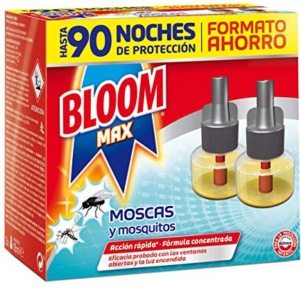 Bloom Max Eléctrico Líquido Recambio Doble (pack de 2), insecticida para mosquitos común y tigre, antimosquitos 90 noches de protección
