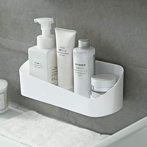 SUNFICON Adhesive Bathroom Shelf Organiser Shower Caddy Basket Wall Mounted Spices Storage Rack No Drilling Shower Shelf Bath Essentials Makeups Shampoo Holder White with 2 Clear Adhesive Stickers