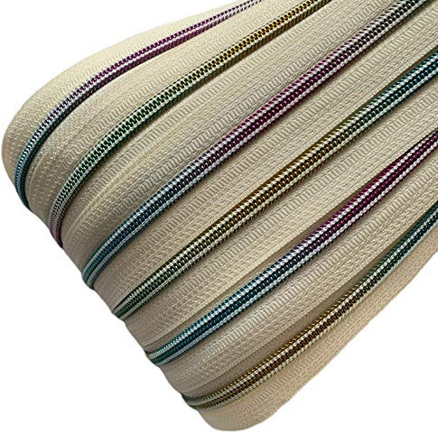 Schnoschi 2 m Creme 5mm endlos Reißverschluss mit Regenbogeneffekt 5 mm Laufschiene + 5 Zipper, Spiralreißverschluss
