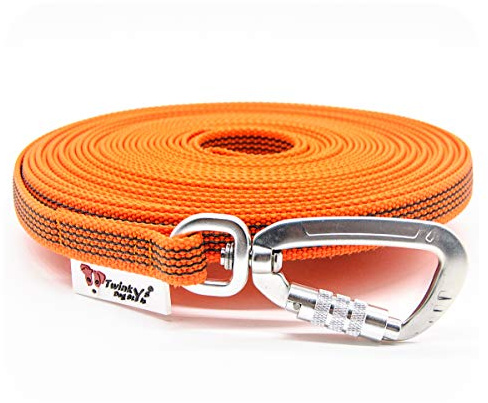 Twinkys Dog Style Schleppleine gummiert mit Sicherheitskarabiner 15 mm breit für Hunde bis 50 kg - MIT Handschlaufe 10 Meter Orange Made in Germany