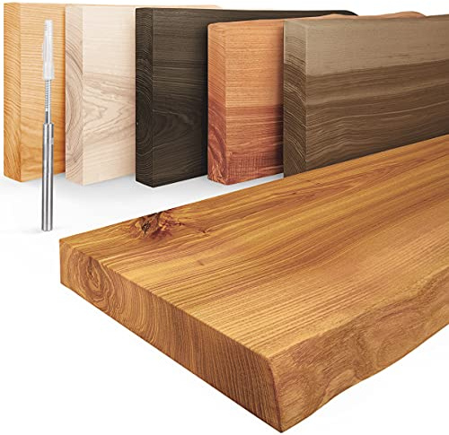 LAMO Manufaktur Schweberegal Holz mit unsichtbarer Befestigung | Wand Regal 100 cm breit für Wohnzimmer, Küche, Arbeitszimmer | Farbe: Rustikal, Kante: natürlich | Massivholz, modernes Design