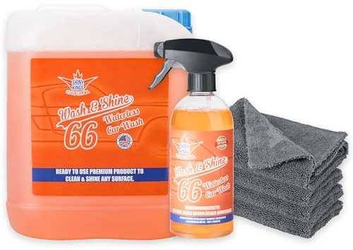 Shinykings Wash&Shine WASSERLOSER Auto Reiniger | Pflege und Schutz inkl. Glanzeffekt für Lack, Chrom-, Alufelgen | 5,5 l mit 4 Mikrofasertüchern | umweltfreundlich und biologisch abbaubar