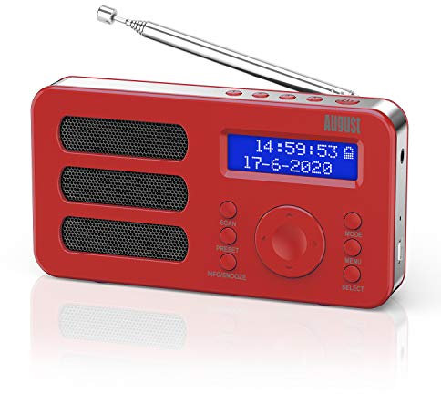 August Portable DAB Radio MB225 - DAB/DAB +/FM - RDS Function, 40 Presets, Stereo/Mono Portable Digital Radio, Dual Alarm, Rechargeable Battery, Headphone Jack (Red)