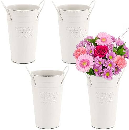 MOUYAT 4 Packs 8 Inch Vintage Metal Galvanized Flower Vase, Tall Galvanized Metal Planter Bucket with Handles, Farmhouse French Bucket for Centerpiece Wedding Decor, Floral Arrangements, White Cream
