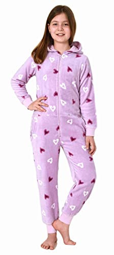 NORMANN-Wäschefabrik Mädchen Jumpsuit Overall Schlafanzug Pyjama Langarm in toller Herz Optik - 202 467 97 954, Farbe:Flieder, Größe:140