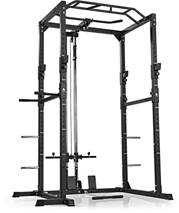 FitEngine Power Rack | Power Cage mit Latzug, Kabelzug, Dip-Station + Klimmzugstange | Variabel einstellbare Spotter für Langhantel