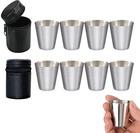 HXHWKEN Vasos De Chupito De Acero Inoxidable Vaso de Metal Apilable y Portátil Vasos Camping con Funda de Cuero para Beber Café Té Cerveza