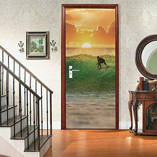 CBWRAW 3D Türaufkleber Meeressurfer-Charaktere Abnehmbare PVC Selbstklebende wasserdichte Wandbild Art Decals Poster Tapete Für Wohnzimmer Küche Schlafzimmer Kinderzimmer Dekoration 90x200cm