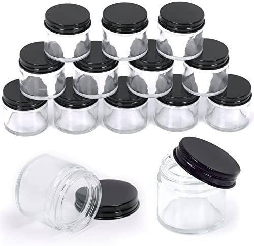 Swpeet 15 Packs - Pots de 60 ml - 2 oz en verre transparent avec couvercle noir, kit d'assortiment, pots ronds, pots en verre cosmétique avec couvercles, pots de voyage, contenants cosmétiques pour