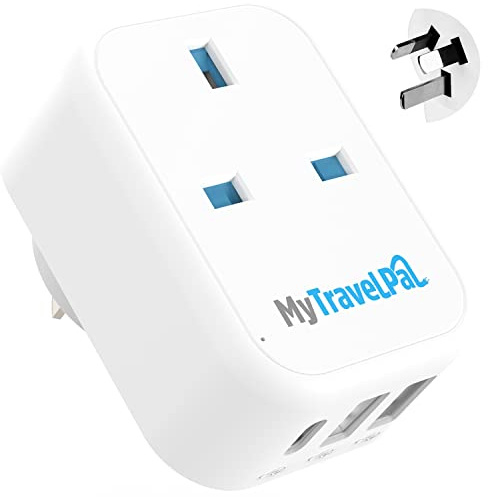 MyTravelPal UK to Australia Plug Adapter with USB-C | UK Safety Standards | China Australia Travel Adaptor with USB C | Safe & Grounded Type I Travel Adapter Plug | Australian New Zealand Argentina