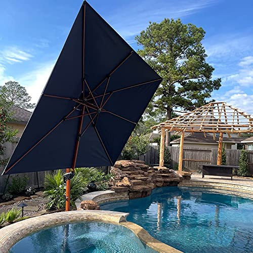 PURPLE LEAF Parasol De Jardin Extérieur, Parasol Déporté Inclinable 3 x 3 m, Grain de Bois en Aluminium, Toit à Double Rotatif 360°, Anti-UV, Convient Pour les Terrasses et les Cours Carrées, Marine