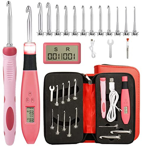 Lieberwell Häkelnadel-Set, LED-Licht & digitaler Stichzähler, 12 austauschbare Haken (2,0 mm - 8,0 mm), Erwachsene, Unisex, Modern Tech Häkeln, nicht faltbar