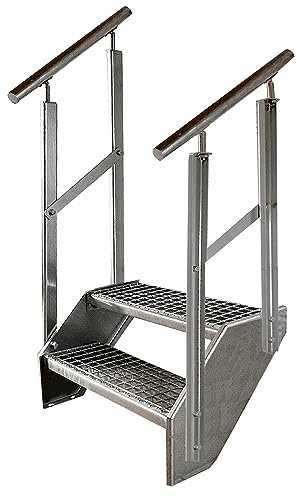 Premium Caillebotis acier Escalier à limon 2 Marches Entièrement galvanisé avec garde-corps des deux côtés - Dimensions (L x l x H) 44cm x 140cm x 38cm