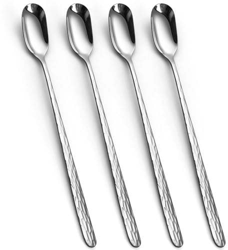 YFWOOD 9.1-Inch Long Handle Iced Tea Spoon, Ice Cream Spoon, Long Coffee Spoons, Stainless Steel Cocktail Stirring Spoons - Set of 4 (Silver)