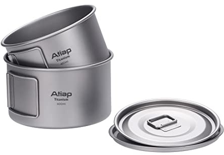 ATiAP Titanium Bowl Pot with Foldable Handle, Single-Wall Titanium Cooking Tableware Bowl with Folding Handle for Outdoor Camping Hiking Picnic (450ML and 600ML with Lid)