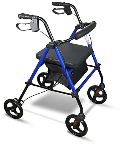 Aidapt Rollator 4 Wheel with Seat,Lightweight,Padded Backrest,Height Adjustable,Ergonomic Handle Brakes,Shopping Bag,8 Puncture Proof Wheels,Folding,Elderly Mobility Aid,NO Tools Required